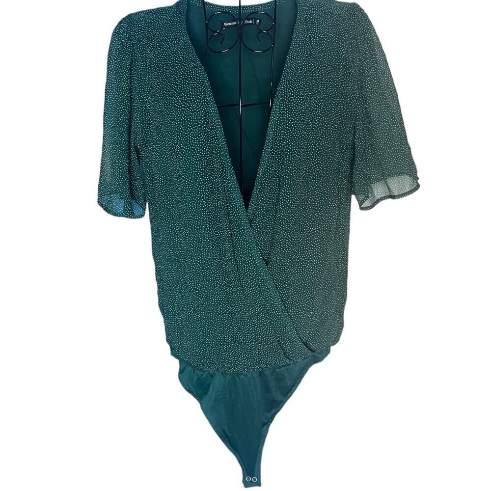 Abercrombie & Fitch Women's M Plunge Neck Wrap Bodysuit Emerald Green Polka‎ Dot